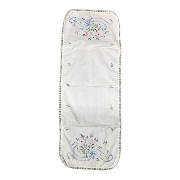 Vintage Handmade Cottagecore Table Runner Floral Ribbons Crochet Lace Trim 18x12 - Picture 4 of 4